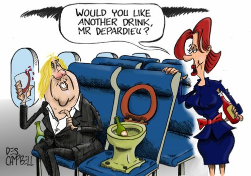 Cartoon: Depardieu - le pisser! (medium) by campbell tagged gerard,depardieu,air,france,toilet,wine