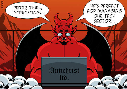 Cartoon: Diabolical business (medium) by Enrico Bertuccioli tagged devil,antichrist,peterthiel,palantir,bigtech,hitech,hitechrevolution,artificialintelligence,marketing,technology,business,aibusiness,economy,money,power,control,aicontrol,newworldorder,political,politicalcartoon,politicalcartoons,editorialcartoon,editorialcartoons,devil,antichrist,peterthiel,palantir,bigtech,hitech,hitechrevolution,artificialintelligence,marketing,technology,business,aibusiness,economy,money,power,control,aicontrol,newworldorder,political,politicalcartoon,politicalcartoons,editorialcartoon,editorialcartoons
