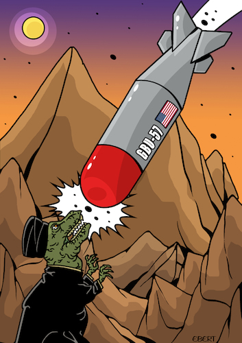 Cartoon: IRANnosaurus Rex-at risk of exti (medium) by Enrico Bertuccioli tagged iran,israel,iranisraelwar,khamenei,netanyahu,usa,unitedstates,trump,war,worldwar,nuclearbomb,nuclearmenace,atomicbomb,bunkerbuster,peace,destruction,devastation,armageddon,political,politicalcartoon,politicalcartoons,editorialcartoon,iran,israel,iranisraelwar,khamenei,netanyahu,usa,unitedstates,trump,war,worldwar,nuclearbomb,nuclearmenace,atomicbomb,bunkerbuster,peace,destruction,devastation,armageddon,political,politicalcartoon,politicalcartoons,editorialcartoon