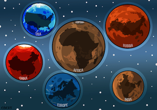 Cartoon: The Africacentric system (medium) by Enrico Bertuccioli tagged africa,russia,china,india,europe,money,business,resources,naturalresources,environment,minerals,oil,exploitation,neocolonialism,war,world,power,control,tradewar,trade,energy,fossilfuels,greenenergy,political,worldgovernment,politicalcartoon,editorialcartoon,africa,russia,china,india,europe,money,business,resources,naturalresources,environment,minerals,oil,exploitation,neocolonialism,war,world,power,control,tradewar,trade,energy,fossilfuels,greenenergy,political,worldgovernment,politicalcartoon,editorialcartoon