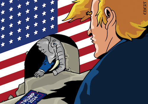 Cartoon: Trump and the GOP (medium) by Enrico Bertuccioli tagged trump,donaldtrump,2024uselections,polls,indictments,republicanparty,gop,usa,primaries,republicanpartyprimaries,2024presidentialrally,rally,politicalcartoon,editorialcartoon,trump,donaldtrump,2024uselections,polls,indictments,republicanparty,gop,usa,primaries,republicanpartyprimaries,2024presidentialrally,rally,politicalcartoon,editorialcartoon