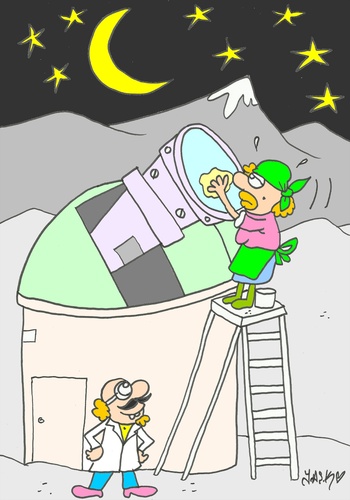 Cartoon: cleaning important (medium) by yasar kemal turan tagged cleaning,important,telescope,scientist,women