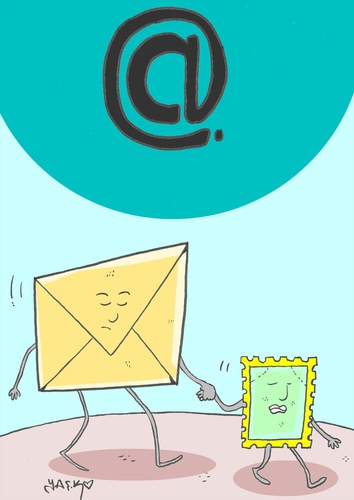 Cartoon: at sign (medium) by yasar kemal turan tagged sign,at,internet,computer,stamp,letter,love,leave