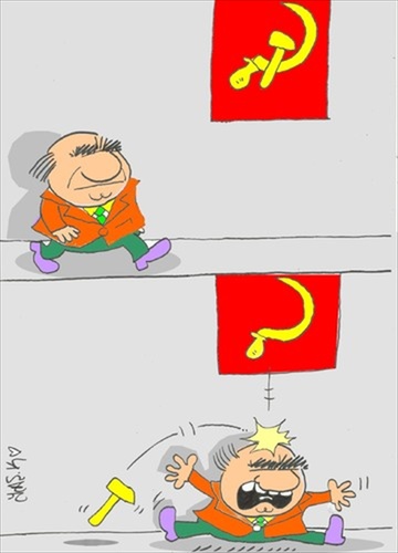 Cartoon: red flag (medium) by yasar kemal turan tagged funny,politician,hammer,sickle,flag,red
