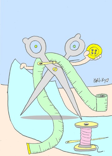 Cartoon: scissors (medium) by yasar kemal turan tagged love,fabric,reel,rope,measure,tape,needle,scissors,button