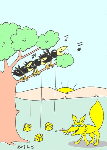 Cartoon: triple soloist (medium) by yasar kemal turan tagged triple,soloist,crow,fox,cheese