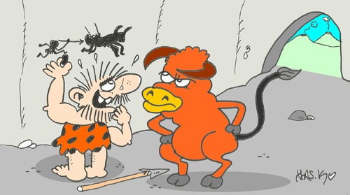 Cartoon: yaa (medium) by yasar kemal turan tagged first,human,bull,cave,hunt