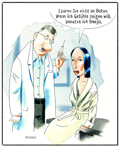 Cartoon: Botox (medium) by Thomas Kuhlenbeck tagged mann,frau,arzt,patientin,op,schönheitsoperation,beauty,botox,emoji,emoticon,spritze,behandlung,gefühl,gefühle,emotion,emotionen,mann,frau,arzt,patientin,op,schönheitsoperation,beauty,botox,emoji,emoticon,spritze,behandlung,gefühl,gefühle,emotion,emotionen