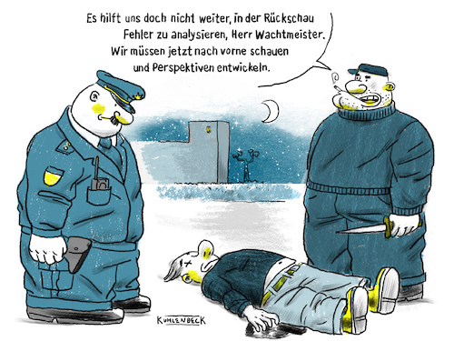 Cartoon: Nach vorne schauen. (medium) by Thomas Kuhlenbeck tagged politikersprache,politiker,sprache,corona,impfstart,analogie,fehler,lernen,umgang,perspektive,rückschau,zurück,schauen,mord,kriminell,mörder,krimineller,tat,polizist,tatort,in,flagranti,messer,gewalt,politikersprache,politiker,sprache,corona,impfstart,analogie,fehler,lernen,umgang,perspektive,rückschau,zurück,schauen,mord,kriminell,mörder,krimineller,tat,polizist,tatort,in,flagranti,messer,gewalt