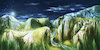 Cartoon: Night Scenery (small) by alesza tagged landscape nature painting mountain range night sky scenery scene twilight nightfall river outdoors hiking wanderlust