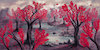 Cartoon: Red trees and turquoise pond (small) by alesza tagged digital painting landscape ipadart nature trees pond procreate