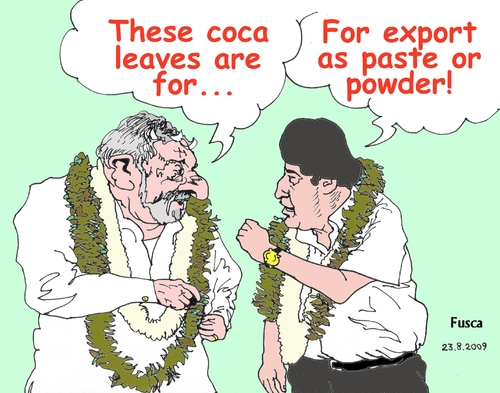 Cartoon: Lula da Silva and Evo Morales (medium) by Fusca tagged socialism,bolivarian,exploration,empire,political,traffic,corruption,drug,america,latin