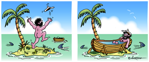 Cartoon: Badefreuden (medium) by rpeter tagged baden,meer,palme,insel,schiffbruch,boot,nackt