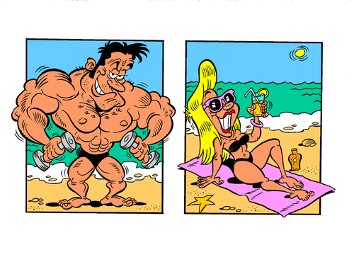 Cartoon: Bodybuilder and Sunbather (medium) by fieldtoonz tagged bodybuilder,beach,sea,sunbather