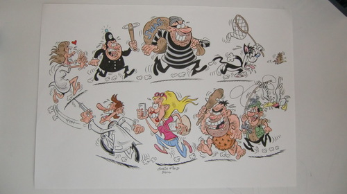 Cartoon: Chase! (medium) by fieldtoonz tagged characters,caveman,cop,burglar,cat,bird