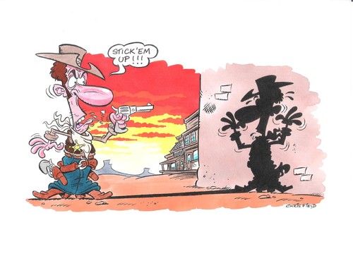 Cartoon: Stick em up! (medium) by fieldtoonz tagged western,cowboy,gun,sheriff,town,shadow