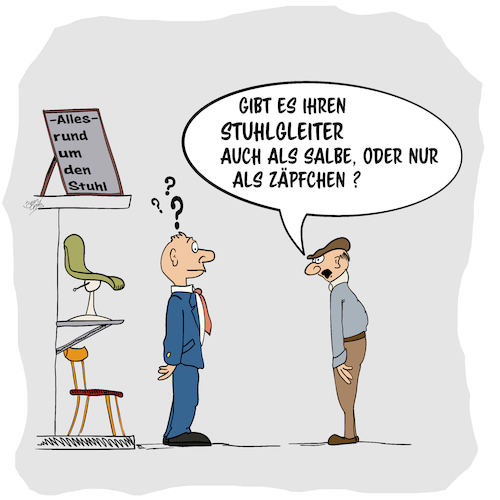 Cartoon: Stuhlgleiter (medium) by beangrphx tagged stuhlgleiter,möbelhaus,einkaufen,shopping,stuhlgang,verstopfung,gesundheit,verwechselung,stühle,möbel,arznei,salbe,zäpfchen