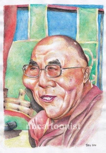Cartoon: Dalai Lama (medium) by Joen Yunus tagged carricature,colored,pencil,dalai,lama,universal,yin,yang,chi