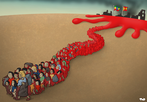 Cartoon: Blood spill (medium) by Tjeerd Royaards tagged ethiopia,war,tigray,refugees,violence,blood,conflict,ethiopia,war,tigray,refugees,violence,blood,conflict