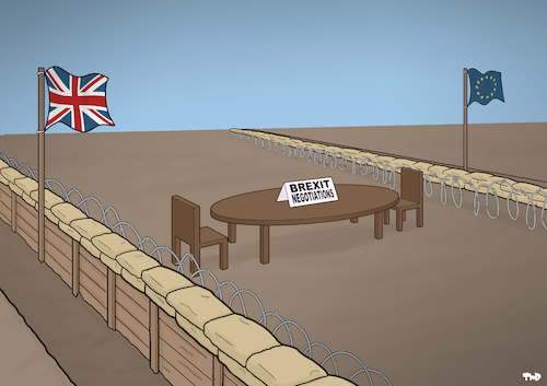 Cartoon: Brexit Negotiations (medium) by Tjeerd Royaards tagged brexit,battlefield,uk,eu,europe,brexit,battlefield,uk,eu,europe