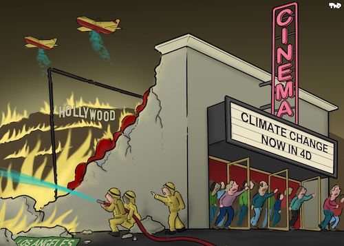 Cartoon: Climate change in 4D (medium) by Tjeerd Royaards tagged climate,hollywood,wildfires,la,los,angeles,movie,climate,hollywood,wildfires,la,los,angeles,movie