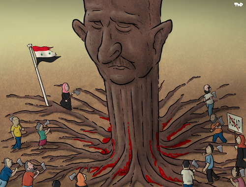 Cartoon: Cut it down (medium) by Tjeerd Royaards tagged assad,syria,protests,dictator,downfall,assad,syria,protests,dictator,downfall