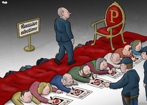 Cartoon: Democracy in Russia (medium) by Tjeerd Royaards tagged russia,putin,president,elections,democracy,dictator,kremlin,voting,russia,putin,president,elections,democracy,dictator,kremlin,voting