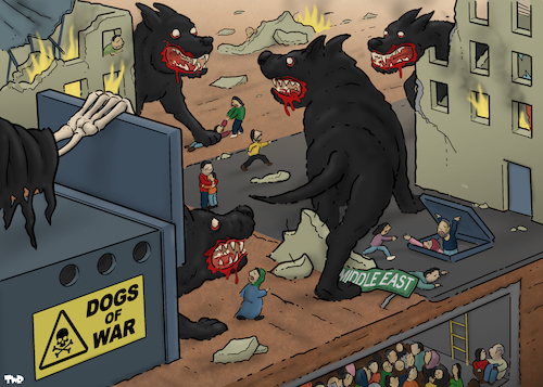 Cartoon: Dogs of war (medium) by Tjeerd Royaards tagged iran,middle,east,netanyahu,trump,usa,israel,lebanon,war,conflict,victims,iran,middle,east,netanyahu,trump,usa,israel,lebanon,war,conflict,victims
