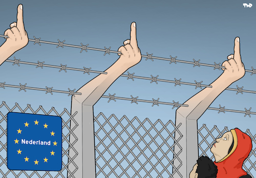 Cartoon: Dutch Refugee Policy (medium) by Tjeerd Royaards tagged netherlands,refugees,migration,fence,restriction,discrimination,netherlands,refugees,migration,fence,restriction,discrimination