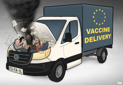 Cartoon: European vaccine distribution (medium) by Tjeerd Royaards tagged vaccine,eu,europe,european,union,van,der,leyen,corona,pandemic,rollout,vaccine,eu,europe,european,union,van,der,leyen,corona,pandemic,rollout
