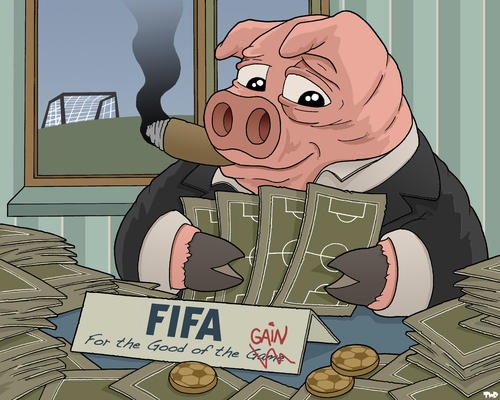 Cartoon: For the good of the gain (medium) by Tjeerd Royaards tagged football,soccer,fifa,world,cup,corruption,fraud,money,sports,the,weltmeistserschaft,fußball,fussball,fifa,sport
