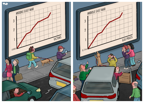 Cartoon: Graphs (medium) by Tjeerd Royaards tagged oil,gas,fuel,price,iran,war,victims,oil,gas,fuel,price,iran,war,victims