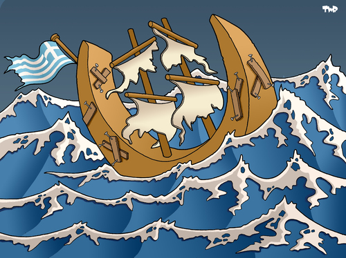 Cartoon: Greece in financial trouble (medium) by Tjeerd Royaards tagged greece,euro,economy,debt,money,currency,european,union,brussels,aid,griechenland,wirtschaft,eu,europa,krise,brüssel,finanzen,finanzkrise