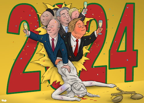 Cartoon: Happy 2024! (medium) by Tjeerd Royaards tagged 2024,happy,new,year,trump,putin,netanyahu,war,future,2024,happy,new,year,trump,putin,netanyahu,war,future
