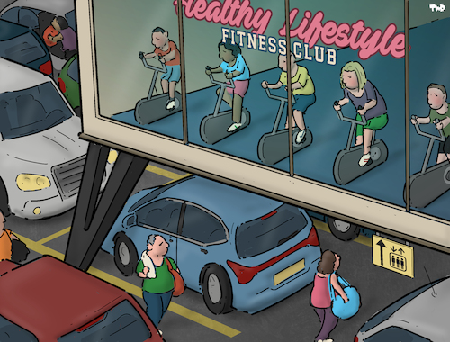 Cartoon: Healthy lifestyle (medium) by Tjeerd Royaards tagged health,fitness,sport,cycling,car,driving,lifestyle,health,fitness,sport,cycling,car,driving,lifestyle