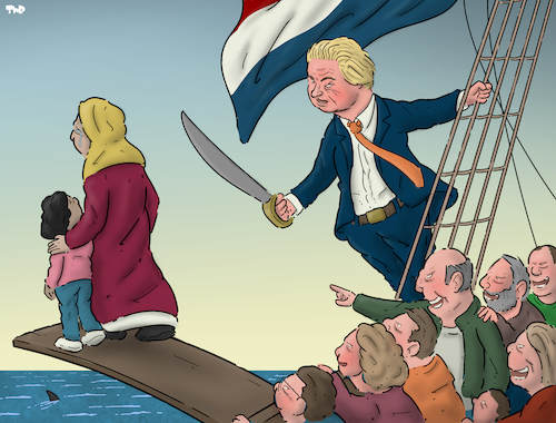 Cartoon: HMS Intolerance (medium) by Tjeerd Royaards tagged geert,wilders,netherlands,populist,elections,xenophobia,islamophobia,geert,wilders,netherlands,populist,elections,xenophobia,islamophobia