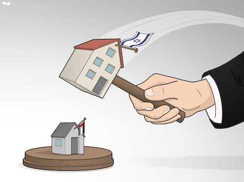 Cartoon: Israeli settlements (medium) by Tjeerd Royaards tagged israel,palestine,colonists,west,bank,settlements,houses,buidling,law,legal,hammer,gavel,israel,palestine,colonists,west,bank,settlements,houses,buidling,law,legal,hammer,gavel