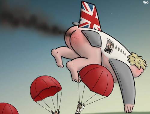 Cartoon: Mayday mayday (medium) by Tjeerd Royaards tagged boris,johnson,uk,great,britain,politics,resignation,ministers,mayday,boris,johnson,uk,great,britain,politics,resignation,ministers