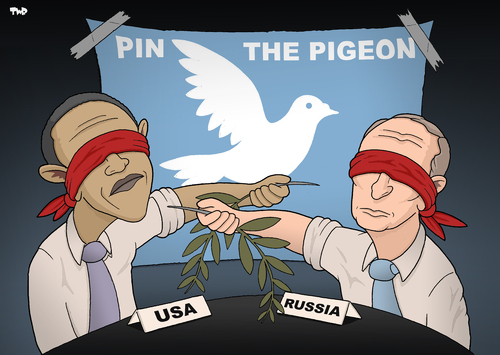 Cartoon: Pin the Pigeon (medium) by Tjeerd Royaards tagged obama,putin,syria,peace,assad,letter,new,york,times,russia,usa,america,moscow,damascus,chemical,weapons,washington,obama,putin,syria,peace,assad,letter,new,york,times,russia,usa,america,moscow,damascus,chemical,weapons,washington
