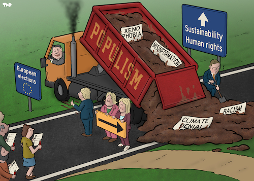 Cartoon: Populist detour (medium) by Tjeerd Royaards tagged populism,climate,denia,eu,europe,elections,extreme,right,meloni,wilders,orban,le,pen,populism,climate,denia,eu,europe,elections,extreme,right,meloni,wilders,orban,le,pen