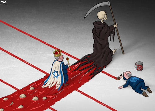 Cartoon: Red lines (medium) by Tjeerd Royaards tagged gaza,death,israel,netanyahu,grim,reaper,gaza,death,israel,netanyahu,grim,reaper