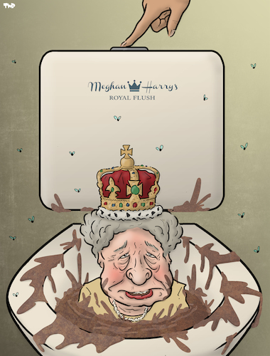 Cartoon: Royal flush (medium) by Tjeerd Royaards tagged queen,united,kingdom,elizabeth,meghan,harry,scandal,queen,united,kingdom,elizabeth,meghan,harry,scandal