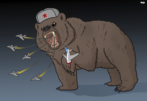 Cartoon: Russia Responds (medium) by Tjeerd Royaards tagged russia,bear,metrojet,plane,crash,egypt,is,isis,bomb,russia,bear,metrojet,plane,crash,egypt,is,isis,bomb