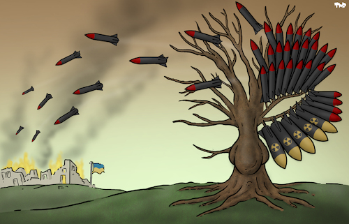 Cartoon: Russian autumn (medium) by Tjeerd Royaards tagged russia,putin,missiles,rockets,war,invasion,ukraine,russia,putin,missiles,rockets,war,invasion,ukraine