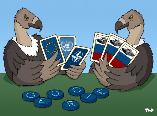 Cartoon: Russian powerplay (medium) by Tjeerd Royaards tagged russia,georgia,un,eu,nato,georgien,abchasien,konflikt,kaukasus,kaukasuskonflikt,gebietsanspruch,fremdherrschaft,einmarsch,kompromisse,kriegszustand,militär,territorium,südossetien,südostsetien konflikt,russland,unabhängigkeit,verhandeln,verhandlungen,waffen,wladimir putin,eu,un,nato,beitrit,kartenspiel,poker,krieg,macht,südostsetien,wladimir,putin