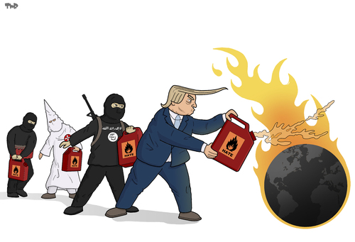 Cartoon: Spreading Hate (medium) by Tjeerd Royaards tagged orlando,trump,isis,terror,attack,hate,world,gasoline,fire,orlando,trump,isis,terror,attack,hate,world,gasoline,fire