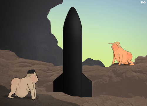 Cartoon: The US and North Korea. (medium) by Tjeerd Royaards tagged monolith,trump,kim,jong,un,north,korea,usa,bombs,war,threat,apes,space,oddysey,monolith,trump,kim,jong,un,north,korea,usa,bombs,war,threat,apes,space,oddysey