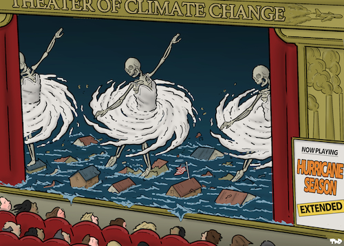 Cartoon: Theater of climate change (medium) by Tjeerd Royaards tagged extreme,weather,hurricanes,usa,climate,change,crisis,emergency,extreme,weather,hurricanes,usa,climate,change,crisis,emergency