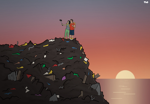 Cartoon: Tourism (medium) by Tjeerd Royaards tagged trash,sunset,selfie,tourist,travel,nature,environment,waste,trash,sunset,selfie,tourist,travel,nature,environment,waste