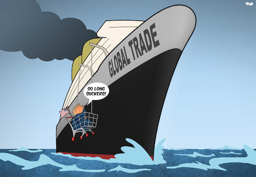 Cartoon: Trump and Global Trade (medium) by Tjeerd Royaards tagged trump,tariffs,trade,protectionism,usa,economy,world,trump,tariffs,trade,protectionism,usa,economy,world